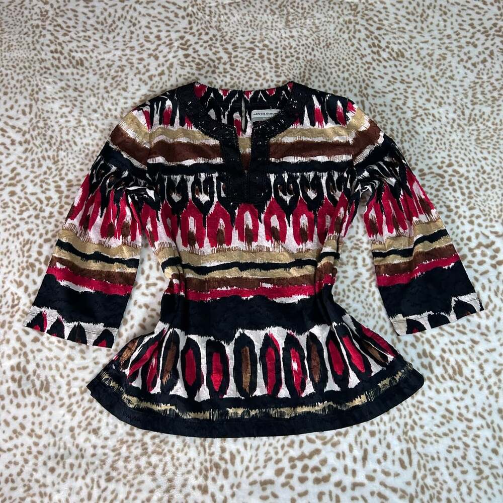 Alfred Dunner Tunic Size 10P Multi Ikat Print Cotton 3/4 Sleeve